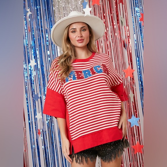 Peach Love California Tops - PL4 new peach love America striped shirt USA small medium large oversize nwt
